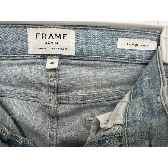 FRAME Le High Skinny jeans Size 26 in a light blue wash with distressed knees. - Picture 6 of 8
